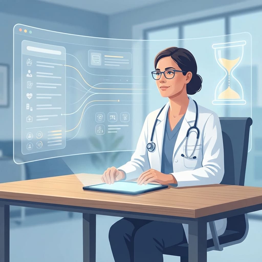 Profissional de saúde sobrecarregado em ambiente de trabalho, representando o burnout e a solução tecnológica