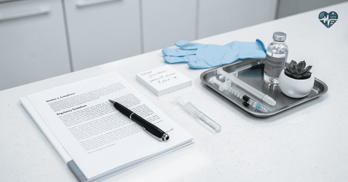 Bancada branca de clínica com bandeja inox: seringa, ampola, frasco médico, luvas azuis e documento legal aberto.