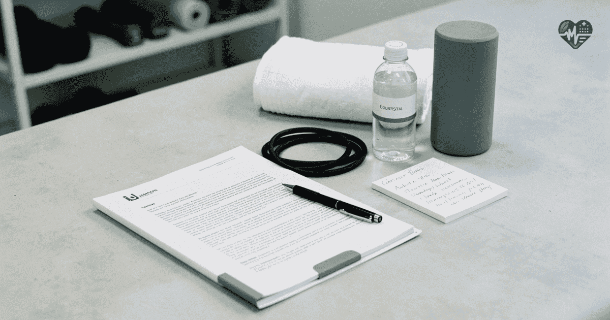 Mesa de concreto com documento, caneta, caderno, garrafa, toalha, foam roller e elástico em sala de fisioterapia.