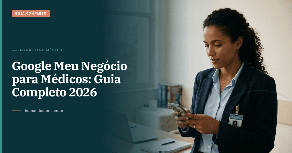 Médica em consultório consultando smartphone — Google Meu Negócio para médicos