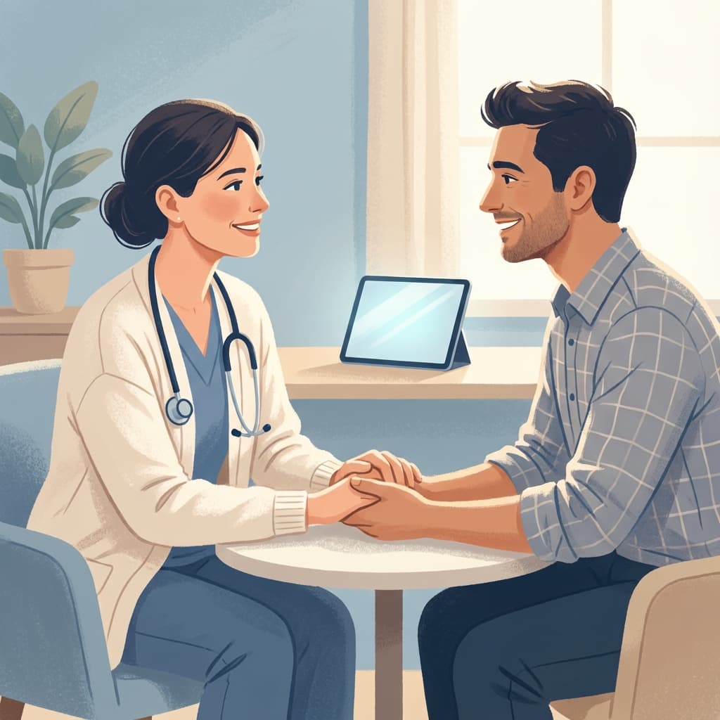 Profissional de saúde sorrindo em atendimento humanizado com suporte tecnológico discreto